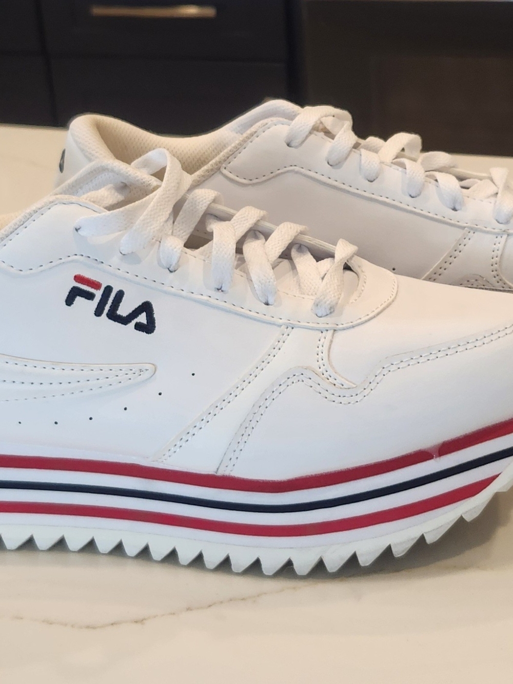 FILA White Platform Sneakers with Red & Navy Stripe Accents